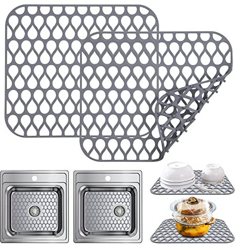 AUAUY 2 Pezzi Tappetino Per Lavello In Silicone, Tappetino In Rete Antiscivolo Resistente Al Calore Per Lavello Da Cucina In Acciaio Inossidabile, Lavandino Del Bagno (Grigio, 34,5 x 30 cm)
