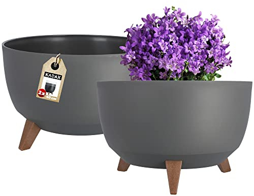 KADAX Blumentopf aus Kunststoff mit DREI Einsteckstützen, runde Blumenschale, Pflanzkübel, Blumenkübel, Pflanzschale für Balkon, Wohnzimmer (Pack of 2 x 39,5cm ⌀, anthrazit)