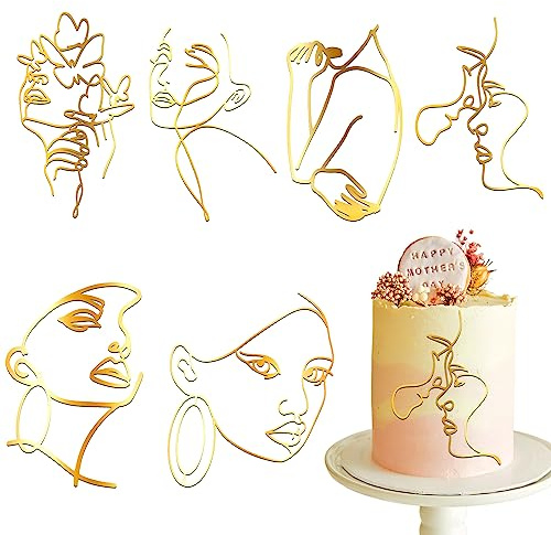 6 Stück Art Lady Face Cake Topper, Gold Line Kuchendekoration Lady Face Cake Topper Geeignet für Geburtstagskuchendekoration Hochzeitstortenaufsätze Partyzubehör