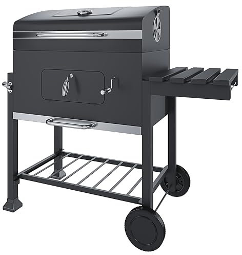 Bricozone Barbecue a Carbonella BBQ con Coperchio Termometro Ripiano Laterale Ruote 106 x 46 x 114 cm