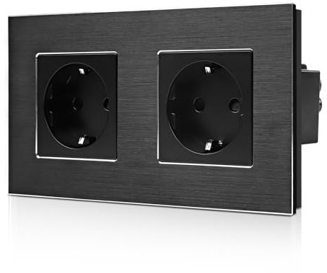 CNBINGO Aluminium Schuko Socket Flush-Mounted, Protective Contact Installation Wall Socket with Aluminium Frame, Double Black