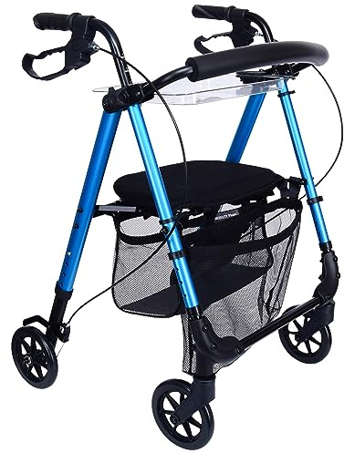 MOBILITY Plus+ Déambulateur d'intérieur ultra-léger IR10+ – Déambulateur pliable en aluminium – Rollator réglable avec accessoires (filet de transport & plateau amovibles) inclus – Bleu