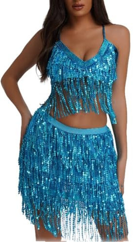 Damen Bauchtanz Kostüm Zweiteiler Sexy Quaste Pailletten BH Oberteil + Hüfttuch Rock/Shorts 2 Teiler Set Glitzer Glänzendes Festival Nachtclub Kostüm Tanzkleidung Pole Dance Outfits