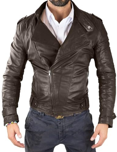 Chiodo Biker In Vera Pelle Blu Uomo Slim Collo Corena Con Bottone Rindway, XXXL, Fodera (Primavera-Estate), Marrone Scuro