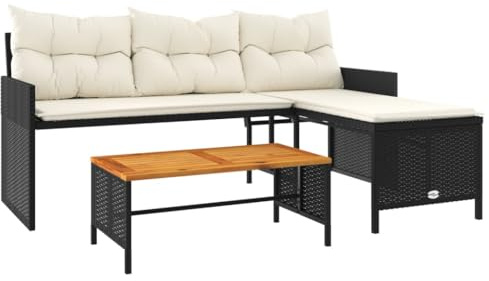 vidaXL Gartensofa in L-Form mit Tisch Kissen, Outdoor Sofa Terrassensofa, Garten Sofagarnitur, Gartenmöbel Sitzgruppe, Schwarz Poly Rattan