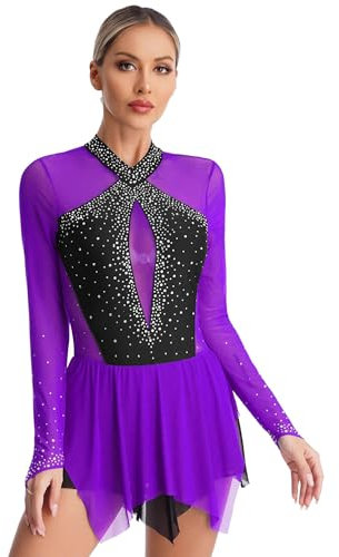 Alvivi Damen Eiskunstlauf Kleid Langarm Kürkleid Glitzer Tanzkleid Mesh Patchwork Rollschuhkleid Ballerina Latein Tango Rumba Salsa Tanzkleid Lila XL