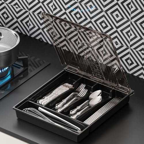 WSRRDRECVHi Organiseur d'ustensiles de cuisine avec couvercle, plateau à ustensiles couvert à 5 compartiments pour tiroir de cuisine et comptoir, boîte de rangement en plastique pour couverts et