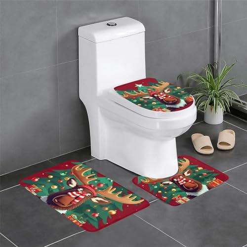 TietYaer Lustiges 3-teiliges Badezimmerteppich-Set mit weihnachtlichem Elch-Druck, konturierter WC-Vorleger, Badematte und WC-Deckelbezug, weich, Haushaltswaren