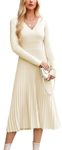 OUGES Strickkleid Damen Winter Kleid Lang Winterkleid Elegant Herbstkleid Langarm V-Ausschnitt Pulloverkleid für Herbst-M