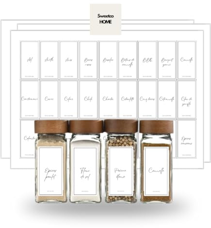 Selbstklebende Etiketten für Gewürzgläser – Set mit 281 Etiketten, französisch, englisch und spanisch – gebrauchsfertig, minimalistisch und modern