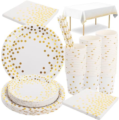 Oungy 251 PCS White and Gold Tableware Set, Party Supplies With Plates, Cups, Straws, Napkins, Tablecloth for 50 Guests Birthday Wedding Anniversary