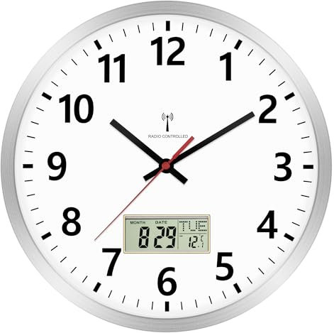 Foxtop Orologio da parete radio digitale 30 cm orologio da cucina radio analogico orologio da parete con temperatura e data, display LCD, per camera da letto, bagno, soggiorno