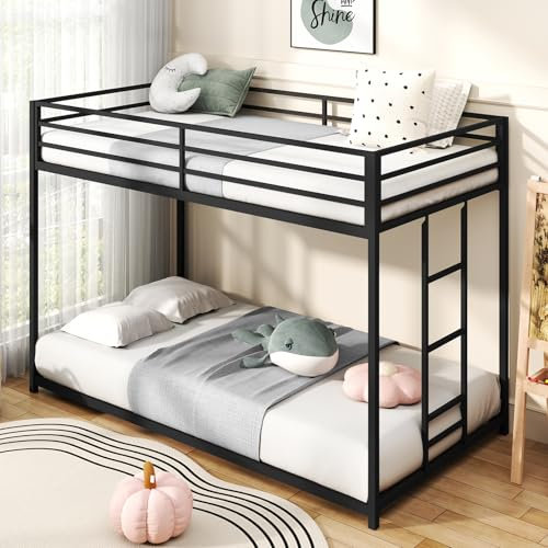 Zevemomo Twin Over Twin Bunk Bed, Metal Low Profile Bunkbeds with Full-Length Guardrail and Ladder, Space Saving, No Boxing Spring Needed, Black