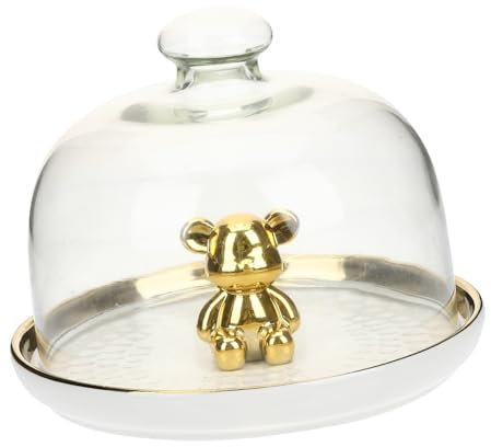GRIRIW Keramik Dessertteller Mit Glasglocke Abdeckbarer Kuchen Obstteller Für Snacks Und Kuchen Vielseitiges Serviertablett Für Zuhause Und Feierlichkeiten Elegantes Design Mit Goldrand