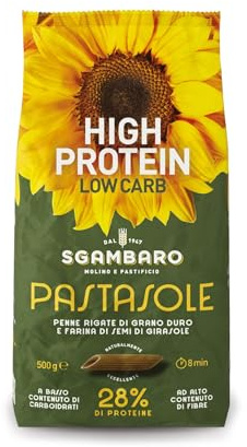 PASTASOLE Sgambaro - Penne Rigate Pasta Proteica con Semola di Grano Duro 100% italiano e Farina di Semi di Girasole - 500g - High Protein, Low Carb, Ricca di Fibre