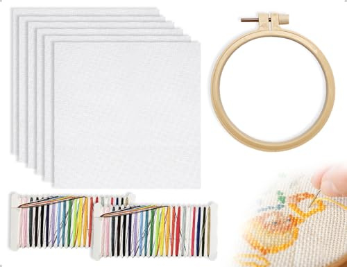 AOYEGIC 6 pezzi di tessuto per punto croce,kit per ricamo classico,tela da ricamo,tessuto artigianale Aida con telaio e fili colorati,da usare per principianti di adulti e bambini(20 x 20 cm)