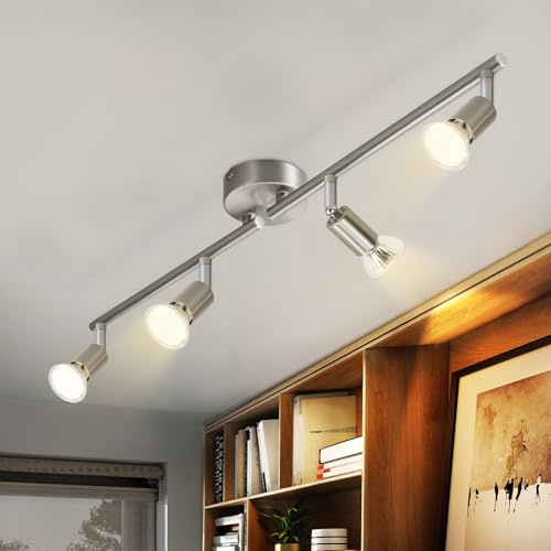 meoaow Deckenstrahler 4 Flammig Deckenlampe - 350° Schwenkbar Strahler GU10 LED Deckenleuchte Silber Küchenlampe Spots Innen Deckenspot für Wohnzimmer Küche Schlafzimmer Ohne Leuchtmittel