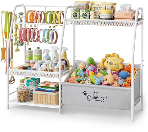 Large Dog Toy Basket with Dog Storage Organizer, Trapezoid Dogs Toy Bin Box with Collar Leash Holder Hook, Toy Holder Chest Pet Storage Cabinet for Living Room, Dogs Essentials for Pet Lovers Gift