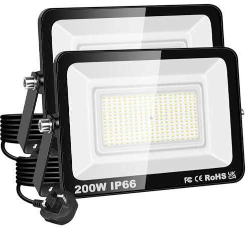 PICAA 200W LED Flood Light, 6500K Cold White Outdoor Wall Light (2PCS) | 20000LM, IP66 Waterproof, Super Bright Security Light, for Garden Yard Garage Patio Warehouse, with UK Plug