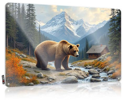 Sign For Bedroom Door Brown Bear In Mountain Cabin Landscape Tin Sign Tin Wall Decor Cheers Tin Sign(30X40CM)
