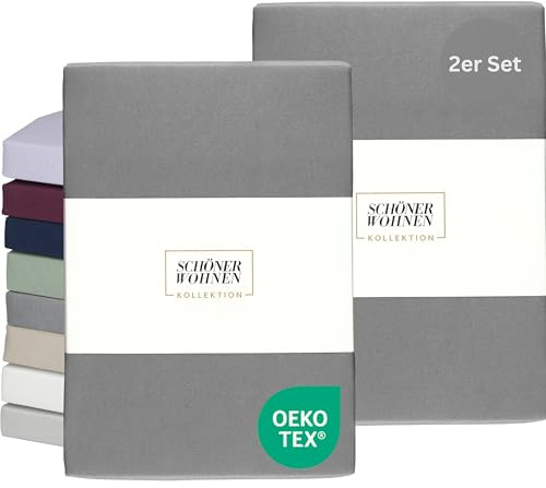 SCHÖNER WOHNEN Spannbettlaken 90x200cm 2er Pack Anthrazit bis 100x200cm - Luxus Spannbetttücher aus Jersey-Baumwolle Öko-Tex Zertifiziert - für Matratzen bis 30 cm & Boxspringbett - Bettlaken Set