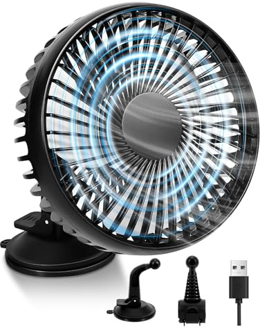 Ventilateur de Voiture 12V, Mini Ventilateur Portable USB avec Support à Ventouse et Support pour Siège Arrière, Rotation à 360°, 3 Vitesses, Puissant et Silencieux, pour Voiture, SUV, Camion, Van