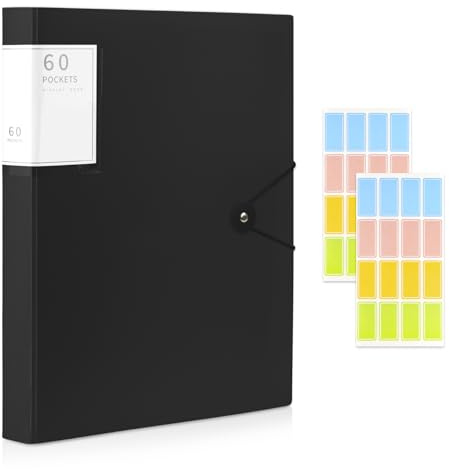 A4 Display Folder, 60 Pockets Display Book Folders, Presentation Folders with Plastic Sleeves & Safety Rope, Suitable for Documents, School, Office & Business Project Use (Black)