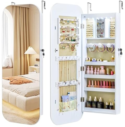 COSTWAY Armoire à Bijoux Murale, Miroir Arrondi Pleine Longueur, 6 Lumières LED, Organiseur de Bijoux Verrouillable sur Porte, 3 Hauteurs Réglables, Étagères de Rangement, Crochets, 42 x 10 x 107,5 cm