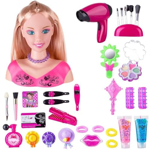 zingking Testa della bambola per truccare e pettinare le ragazze, trucco per bambini Pretend Playset Styling Head Doll acconciatura giocattolo con clip per capelli, modello a mezzo corpo 35 pezzi