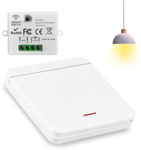 Funkschalter 230V RF433 Funk Lichtschalter Ohne Batterie, Funklichtschalter Set, Wandlicht Funkschalter, Funk Wechselschalter Keine Verkabelung Erforderlich für Smart Home (1 Empfänger + 1 Schalter)