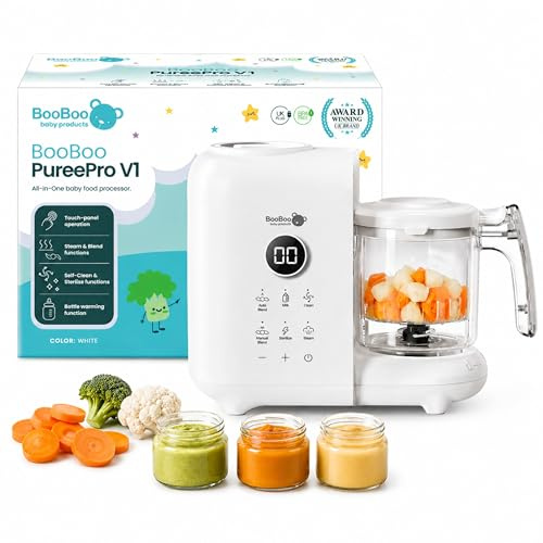 BooBoo Baby PuréePro V1 5-in-1 Baby Food Maker, Steamer and Blender | Purée Maker Baby Food Processor with Bottle Warmer, Steriliser and Self-Cleaning