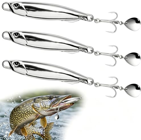 3 PCS Sea Fishing Lures 30g Metal Jigs Casting Spinners with Treble Hooks for Mackerel Bass Cod Pike Trout Hard Baits Sea Water Tackle Silver 10cm