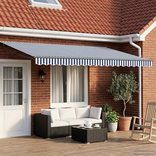 Tenda da sole motorizzata blu bianco 4 x 2 m con poliestere rivestito in PU, acciaio verniciato a polvere e telaio in alluminio, doppio funzionamento (manovella elettrica e manuale)