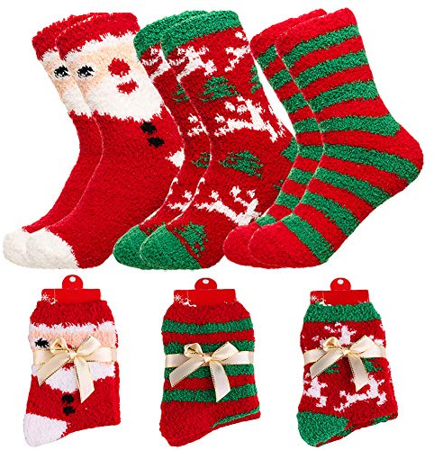 Yoicy Kvinnor jul luddiga fluffiga strumpor - mysiga varma toffel sängstrumpor som julklapp, S1-dam 5-10 (rosett inslagen 3-pack), one size