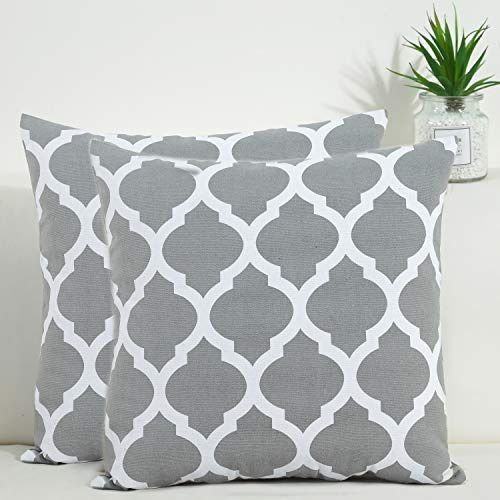 TAOSON Set of 2 Dark Gray Geometric Throw Pillow Covers 18x18 Inch - Cotton Canvas Moroccan Quatrefoil Cushion Cases with Hidden Zipper (Insert Not Included)