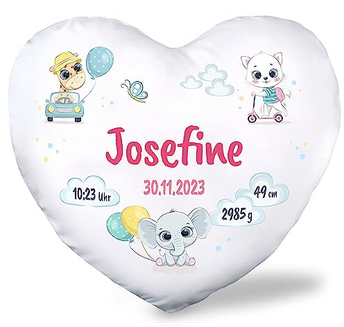 True Statements Herz-Kissen als Geschenk zur Geburt fürs Baby personalisiert - für Mädchen & Jungen (Name, Größe, Gewicht, Datum) - 40x31cm, waschbar, inkl. Kissen-Füllung - Babygeschenke (Mädchen)