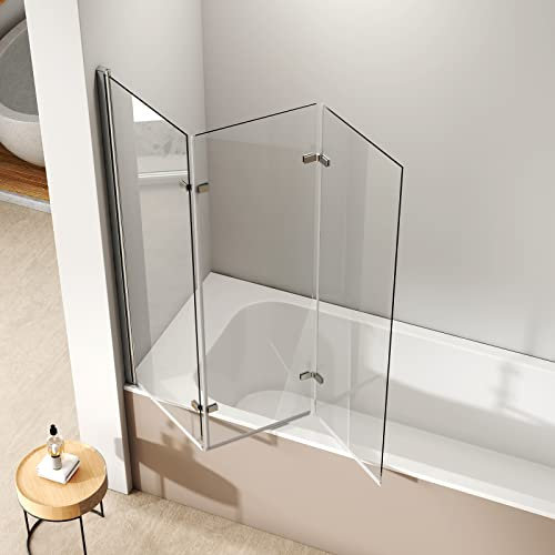 EMKE Duschwand für Badewanne 120x140 cm, Duschtrennwand für Badewanne 3-teilig Faltbar, 6 mm NANO-GLAS Badewannenaufsatz Duschabtrennung Badewanne Duschwand Badewanne 180° Badewannenfaltwand