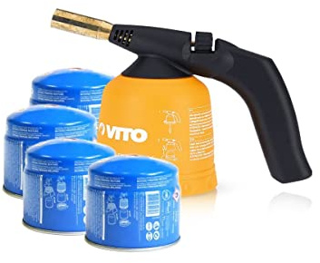 VITO lödlampa gasbrännare brännare tändning piezo skal ABS + 4 gaspatroner 190 gr säkerhet slut gas