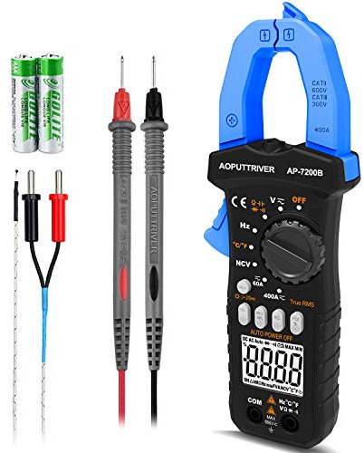 AOPUTTRIVER AP-7200B Stromzange,Strommessgerät True-RMS 6000 Zähl,DC/AC Strom:0-400A, Anto-Ranging Zangenmultimeter Misst Strom Spannung Kapazität widerstand Dioden Temperatur Kontinuität