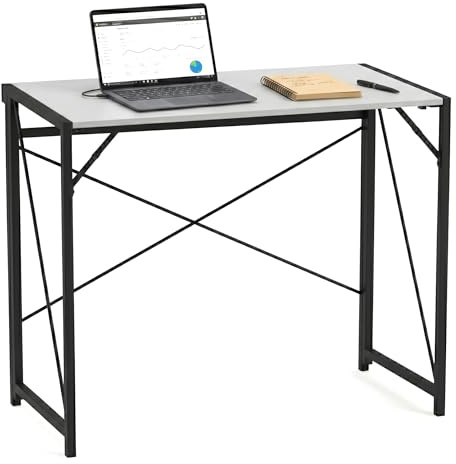 URBNLIVING Computer Desk Home Office Workstation Study Table Wooden Writing Desk Folding Desk Corner Desk with Storage Shelves - (White & Folding Desk)