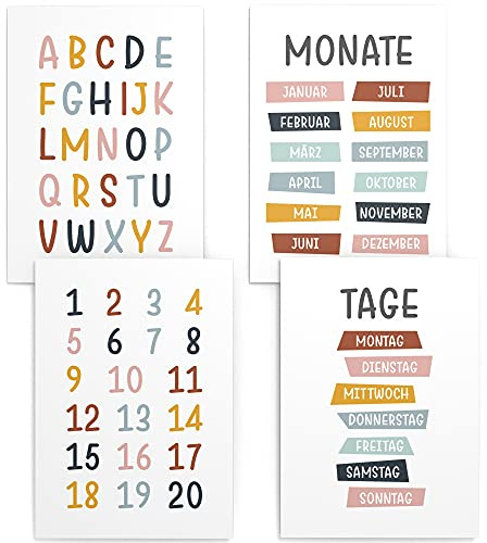 Papierschmiede® Kinderposter 4er Set Lernposter, DIN A3 (30x42 cm) Wanddeko, Geschenk für Mädchen & Jungen Kinderzimmer, bunte Buchstaben Zahlen Kalender Wochentage, ABC Tage Monate