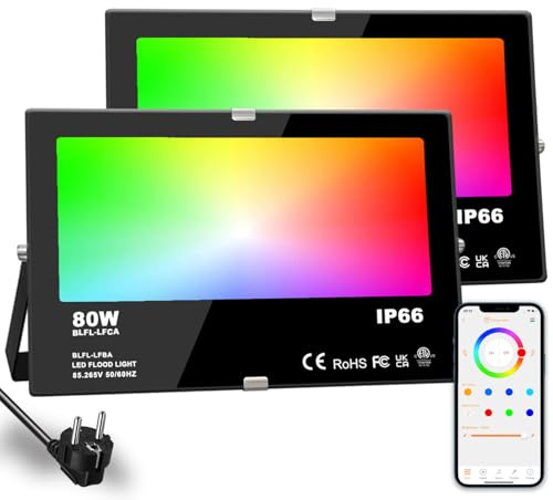 HEKEE Foco LED RGB de Colores 80W Inteligente Controlado por la Aplicación de Teléfono Foco Proyector Exteriores, IP66 Impermeable