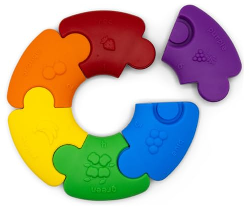 Jellystone Designs Farbrad Regenbogen Beißring Silikon Beißring Puzzle Baby Sensorisches Spielzeug Zahlen, Farben & Früchte Geeignet für Kinder 6 Monate