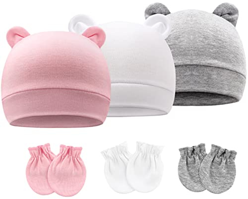 DRESHOW Neugeborene Babymützen Fäustlinge Set Krankenhausmütze Beanie Bärenohren Säuglingsmützen Baby Baumwollhandschuhe Kratzfreie Fäustlinge für 0-6 Monate