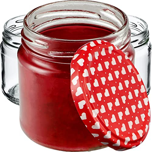 KADAX Glass Jars 200 ml, Small Preserving Jars with Metal Lids for Homemade Jam and Honey, Jars for Storing Spices and Herbs (Red Hearts, Set of 20)