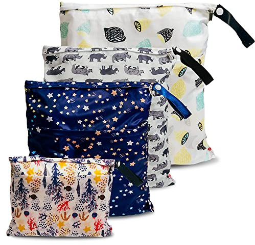 Joyo roy Wet Bag wasserdichte Windeltasche für unterwegs Nassbeutel Kindergarten Wetbag Wäschebeutel Kita Wetbag Stoffwindeln Wäschebeutel Kindergarten Wasserdicht Windeltasche für Baby 4 Set