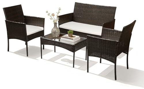 Joparri Juego de muebles de jardín de polirratán, muebles de balcón, 7 piezas, incluye sofá, sillas individuales, mesa y cojines de asiento, muebles de terraza para balcón, jardín (marrón)