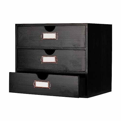 PACKGILO Wooden Storage Box Rustic Desktop Organizer with 3 Drawers Office Desk Accessories Shelf Large Craft Storage Containers Apothecary Cabinet and Chest Jewelry Holder for women(BLACK)