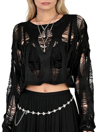 URAWESO Goth Crochet Tops für Frauen aushöhlen Fischnetz Distressed Gyaru Y2k Gothic Punk Top Schwarz Strick Zerrissen Pullover, Black01, Einheitsgröße