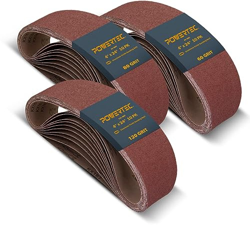 POWERTEC 110091 Nastri abrasivi da 10 x 61 cm | Assortimento di nastri abrasivi in ossido di alluminio, 10 pezzi per ogni grana 60 80 120 | Carta vetrata per levigatrice a nastro oscillante e